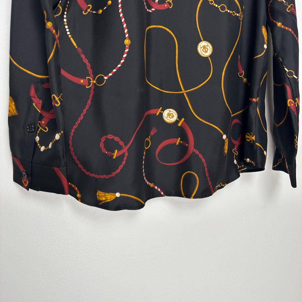 Lilysilk Louisville Print Silk Shirt Black Equestrian Chain Belt Blouse M - Picture 8 of 15